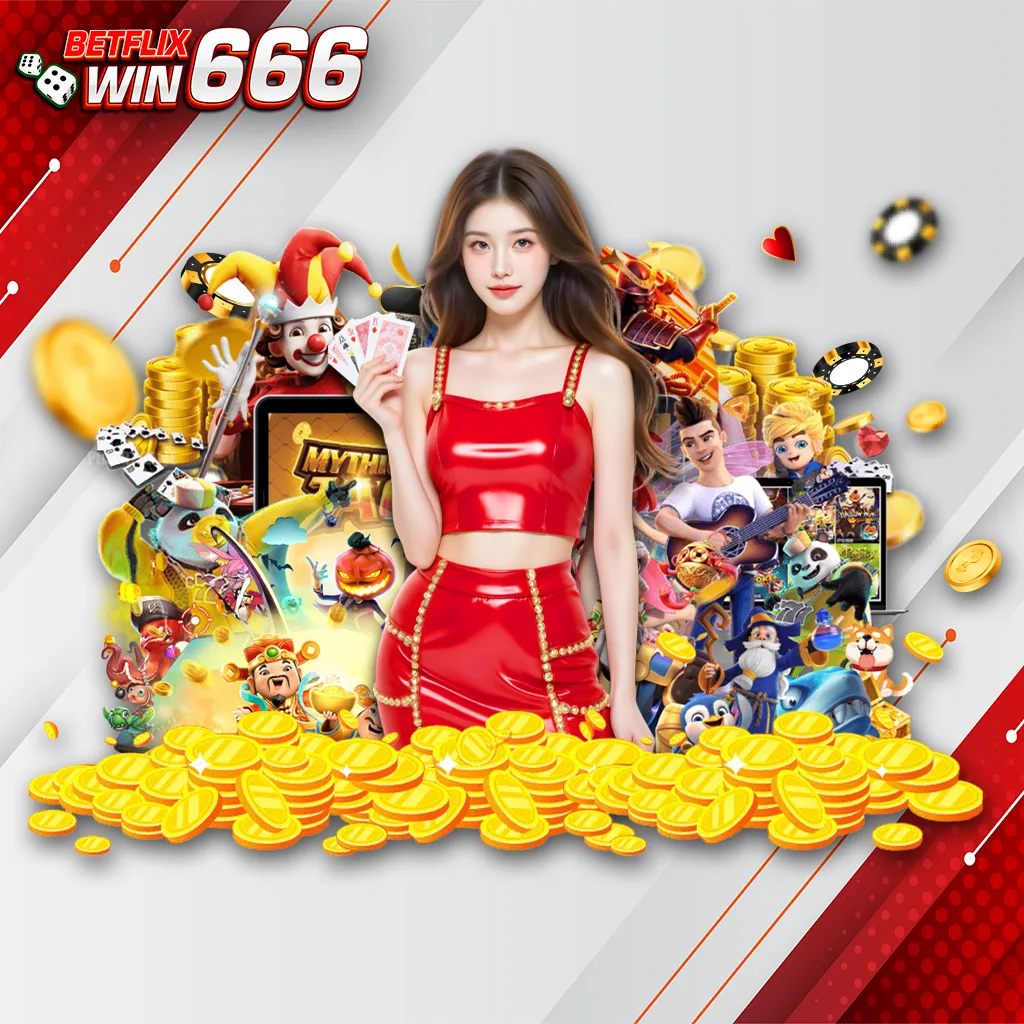 แบนเนอร์ betflixwin666 รวมเกมสล็อตและคาสิโนออนไลน์ ธีมสีแดง พร้อมเหรียญทองและตัวละครเกมยอดนิยม รองรับมือถือ ปี 2026