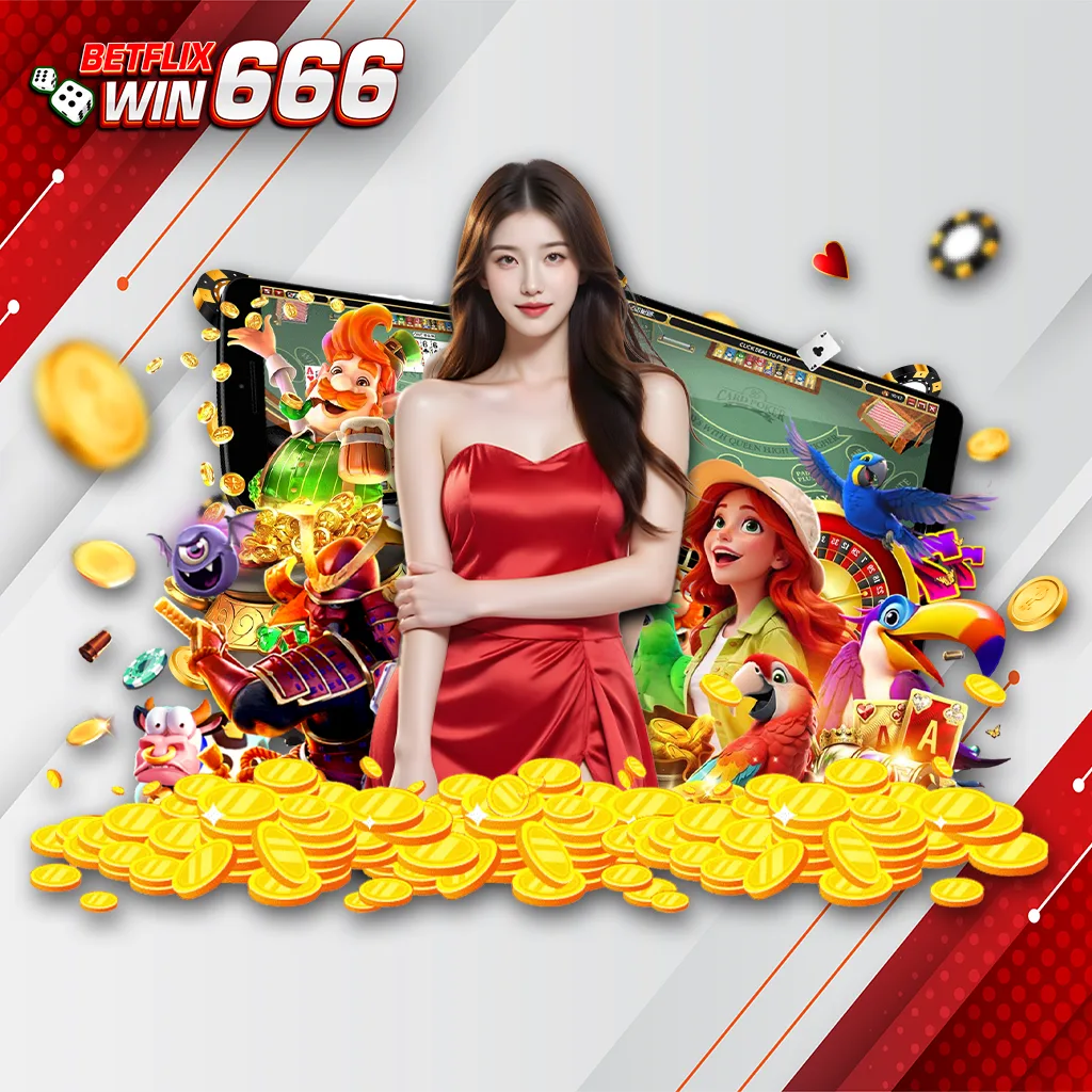 แบนเนอร์ betflixwin666 รวมเกมสล็อตแฟนตาซีและคาสิโนออนไลน์ ธีมสีแดง พร้อมเหรียญทองและตัวละครเกมยอดนิยม รองรับมือถือ ปี 2026